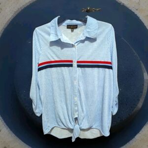 Almost Famous Size L Blue White Polyester Button Down Tie Front Shirt Blouse